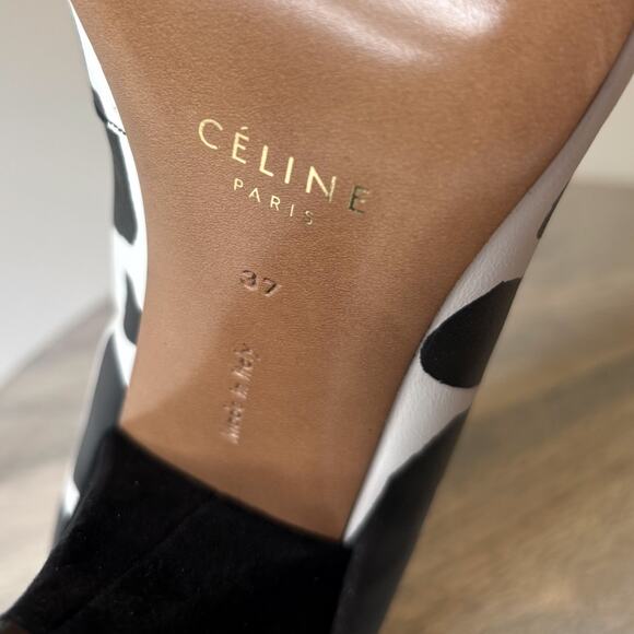 CELINE Paris Black White Graphic Leather Cone Heel Pumps Size 37 Made in Italy - Picture 13 of 14